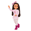 14-inch posable doll with dark brown hair and brown eyes