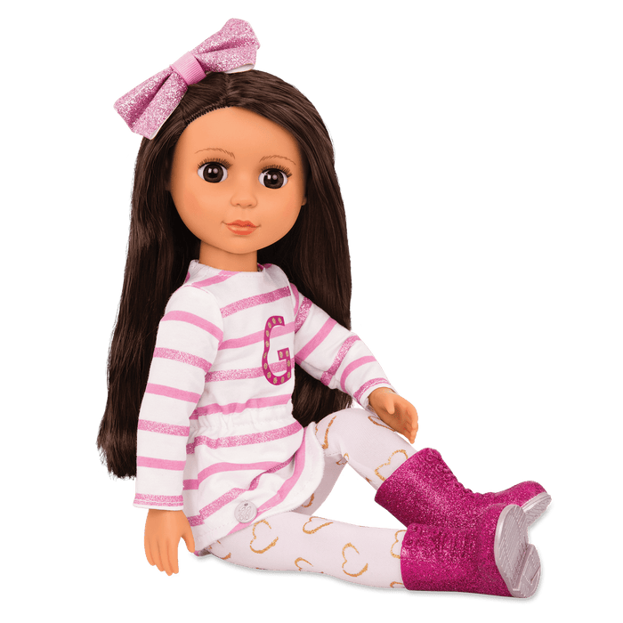 14-inch posable doll with dark brown hair and brown eyes