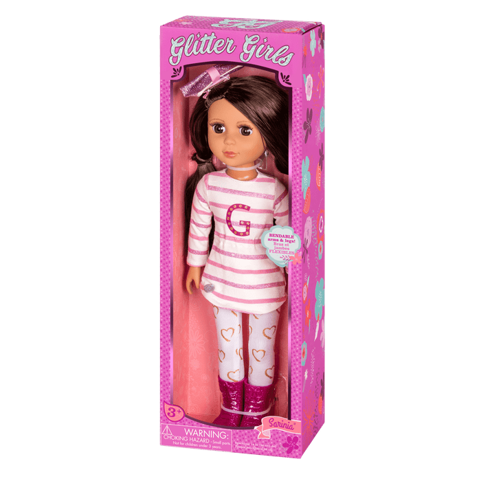 14-inch posable doll with dark brown hair and brown eyes