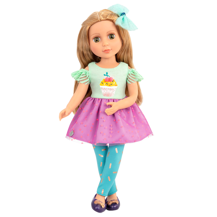 14-inch posable doll with blonde hair and green eyes