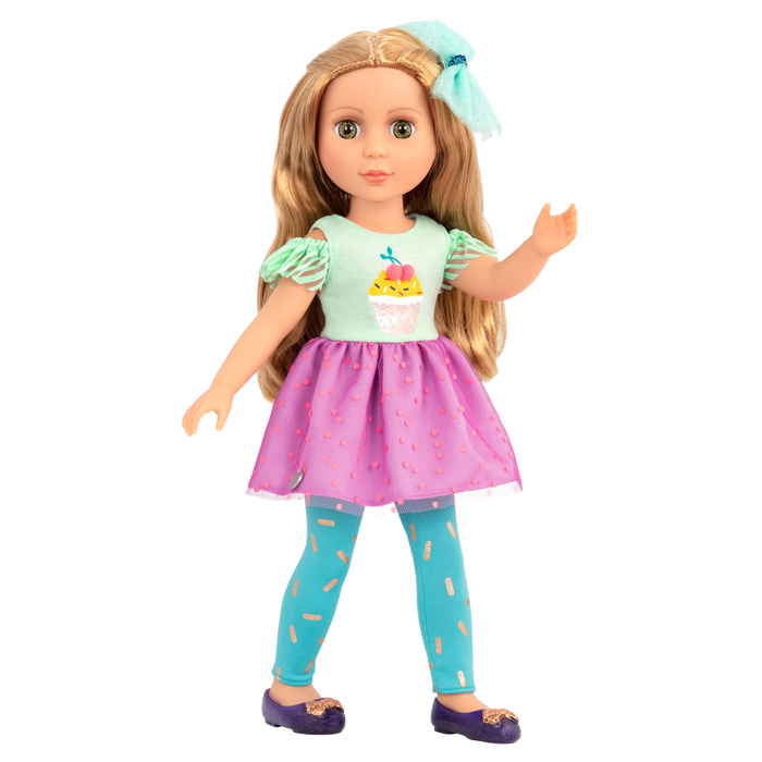 14-inch posable doll with blonde hair and green eyes