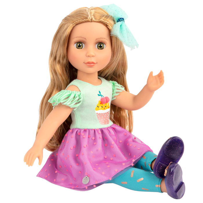14-inch posable doll with blonde hair and green eyes