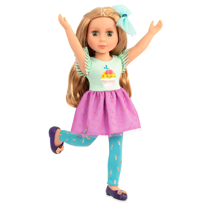 14-inch posable doll with blonde hair and green eyes