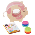 Piggy bank toy with colorful play coins and booklet.