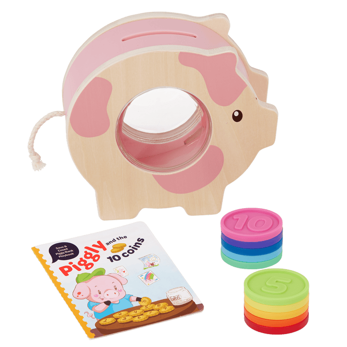 Piggy bank toy with colorful play coins and booklet.
