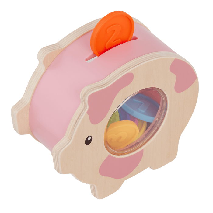 Piggy bank toy with colorful play coins and booklet.