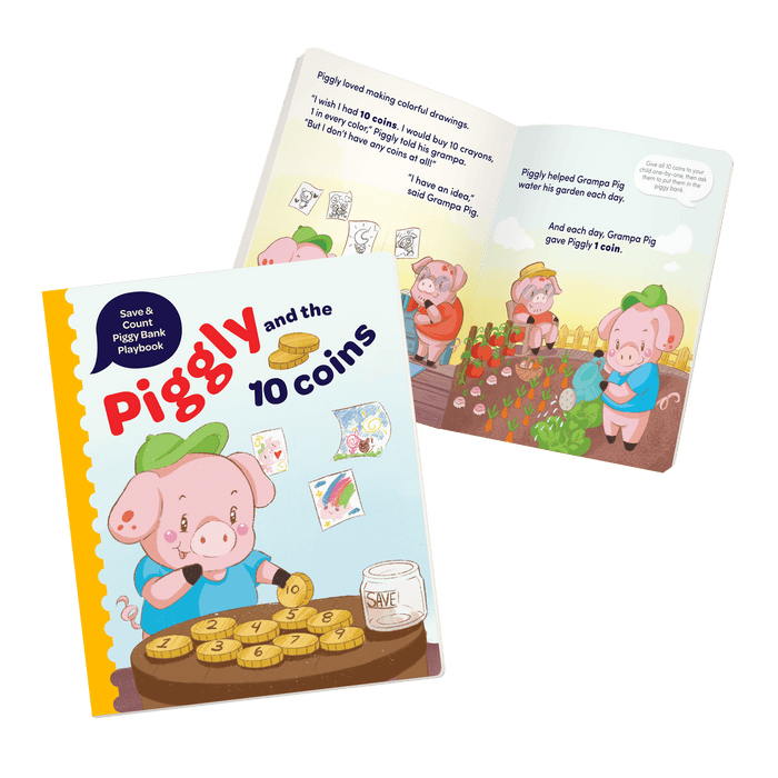 Piggy bank toy with colorful play coins and booklet.