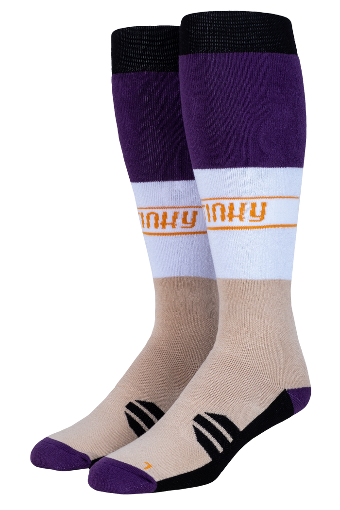 Two pairs of socks with purple, white, and beige color scheme on a white background