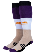 Two pairs of socks with purple, white, and beige color scheme on a white background