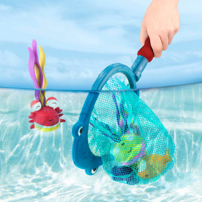 Pool playset with shark design net.