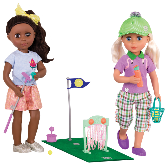 Two 14-inch dolls playing with mini-golf playset