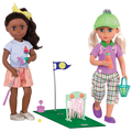 Two 14-inch dolls playing with mini-golf playset