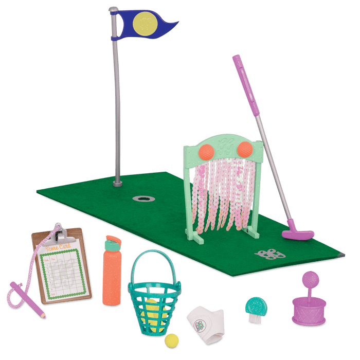 Two 14-inch dolls playing with mini-golf playset