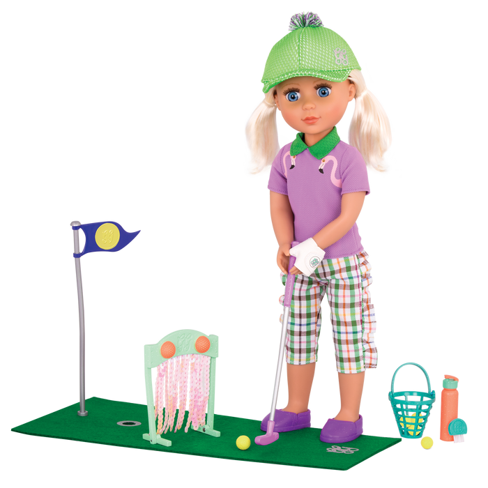 Two 14-inch dolls playing with mini-golf playset