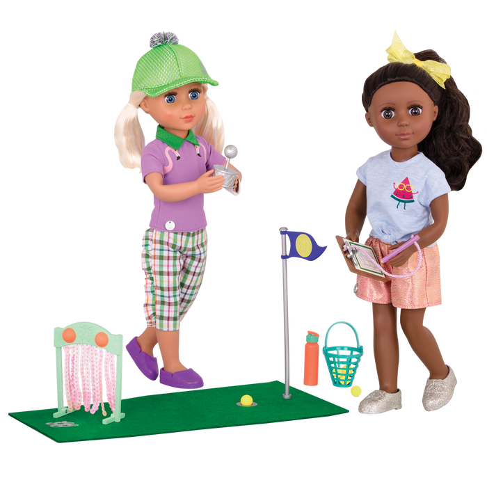 Two 14-inch dolls playing with mini-golf playset