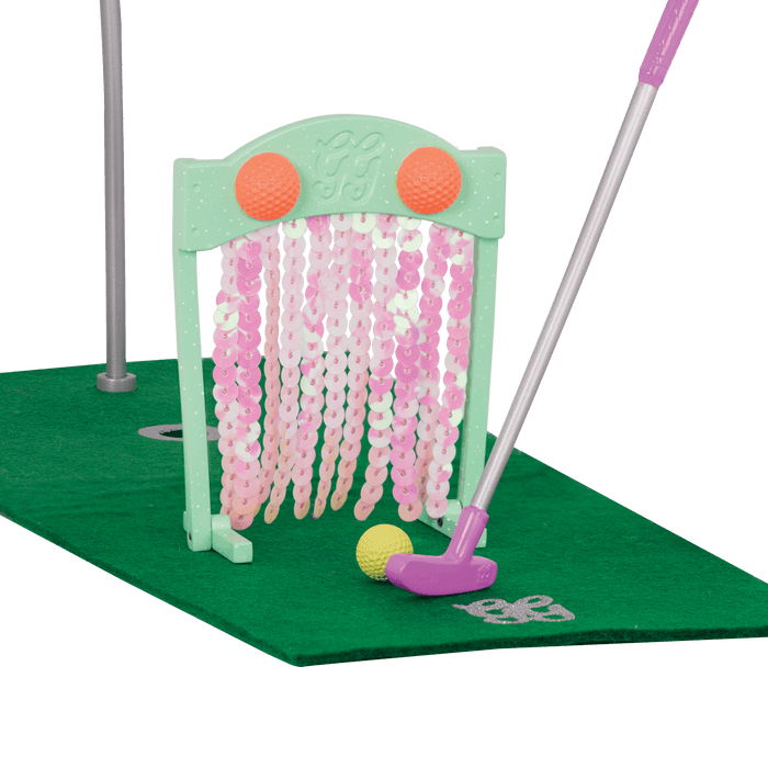 Two 14-inch dolls playing with mini-golf playset
