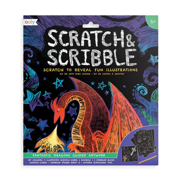 Packaging of Scratch and Scribble Kit featuring illustrated dragons, with scratch-off cards visible through a clear plastic window.