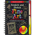 A Scratch and Sketch Fine Art activity book with a black cover featuring gold and silver glitter, and illustrations of famous artworks. A wooden stylus is also shown.