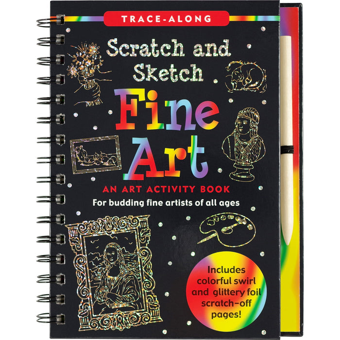 A Scratch and Sketch Fine Art activity book with a black cover featuring gold and silver glitter, and illustrations of famous artworks. A wooden stylus is also shown.