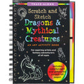 A scratch and sketch activity book titled 'Dragons & Mythical Creatures' with a black cover, featuring colorful illustrations of dragons and a wooden stylus.