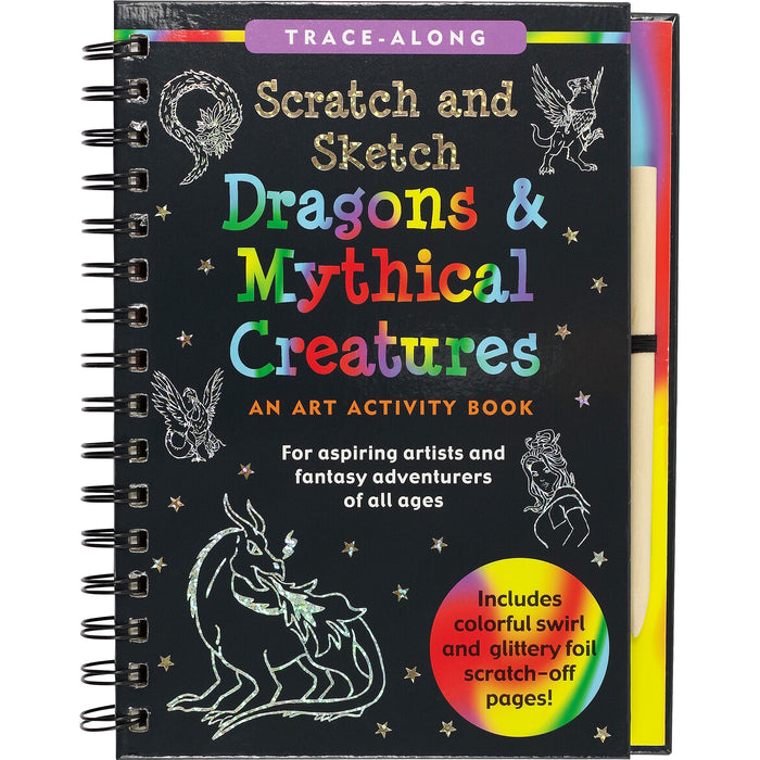 A scratch and sketch activity book titled 'Dragons & Mythical Creatures' with a black cover, featuring colorful illustrations of dragons and a wooden stylus.
