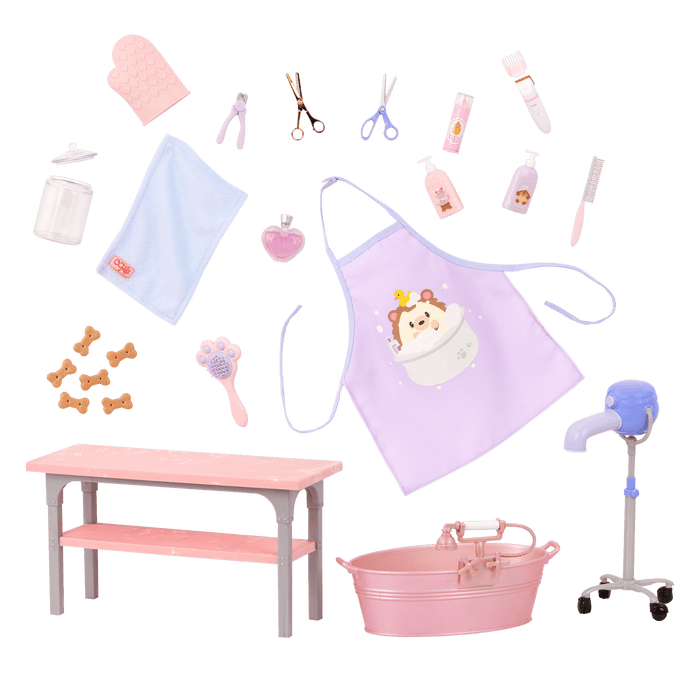 Our Generation Scrub and Style Pet Grooming Kit for 18-inch dolls including table, dryer, wash basin, dog treats and bath and grooming items