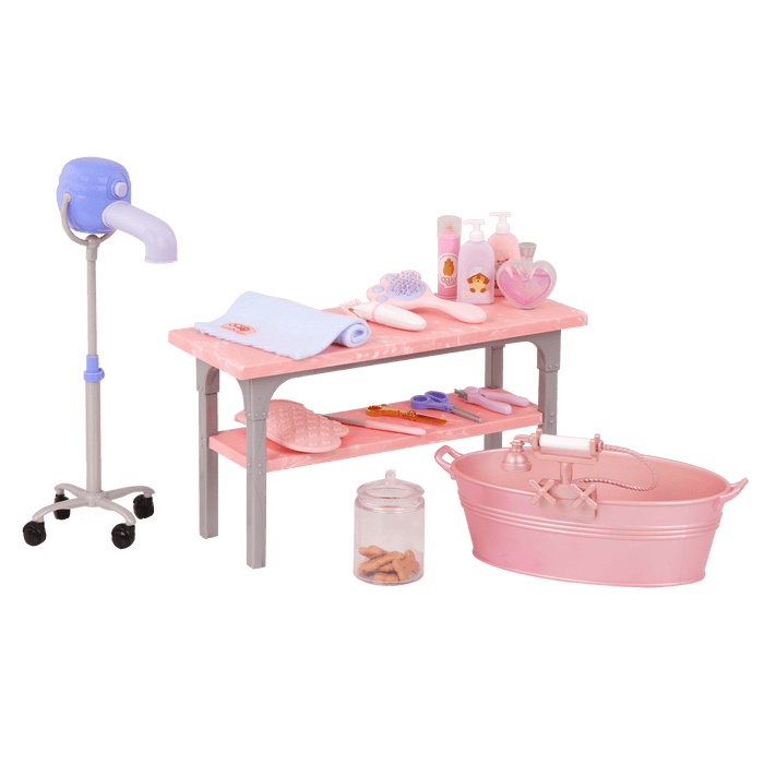 Our Generation Scrub and Style Pet Grooming Kit for 18-inch dolls including table, dryer, wash basin, dog treats and bath and grooming items