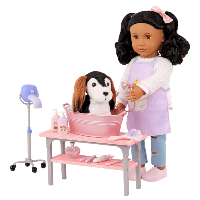 Our Generation Scrub and Style Pet Grooming Kit for 18-inch dolls including table, dryer, wash basin, dog treats and bath and grooming items