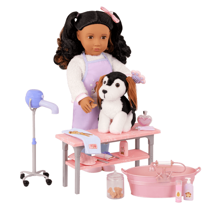 Our Generation Scrub and Style Pet Grooming Kit for 18-inch dolls including table, dryer, wash basin, dog treats and bath and grooming items
