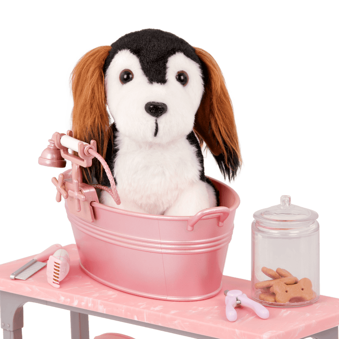 Our Generation Scrub and Style Pet Grooming Kit for 18-inch dolls including table, dryer, wash basin, dog treats and bath and grooming items