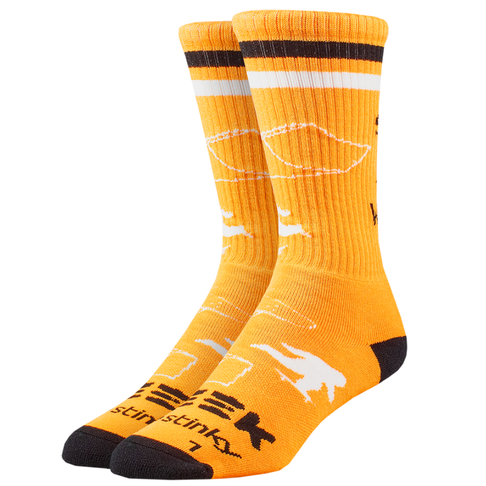 Orange socks with black and white accents on a white background