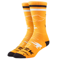 Orange socks with black and white accents on a white background