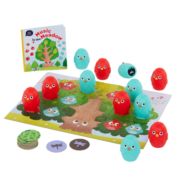 Bird sound shaker playset with booklet, tree puzzle, and matching discs.