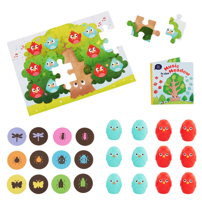 Bird sound shaker playset with booklet, tree puzzle, and matching discs.