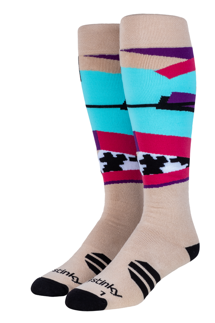 Colorful patterned socks with brand name on a white background