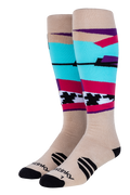 Colorful patterned socks with brand name on a white background