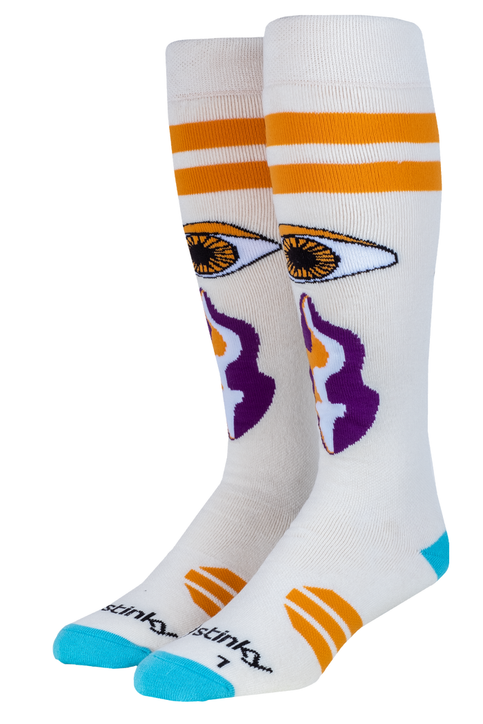 White socks with orange, purple, and blue accents on a white background