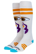 White socks with orange, purple, and blue accents on a white background