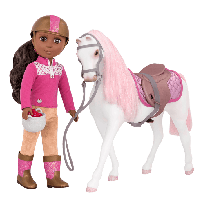 White and pink toy horse with saddle