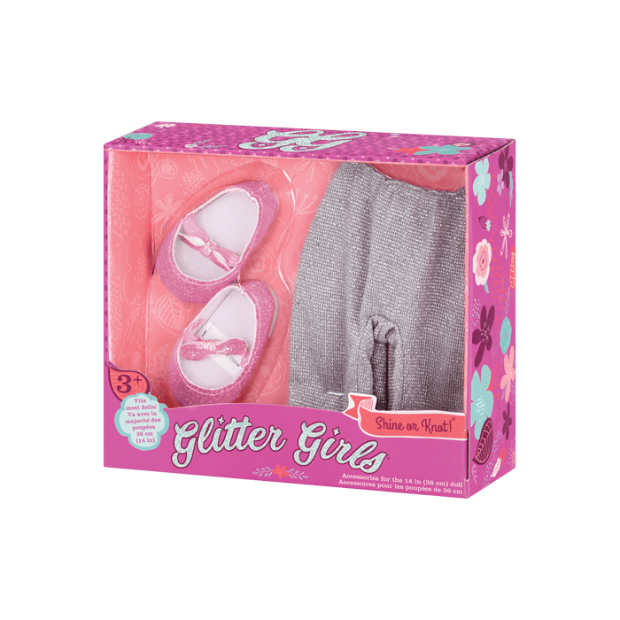 Silver glitter leggings and pink glitter shoes for 14-inch doll