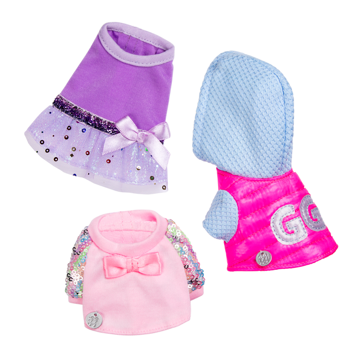 Set of three dog plushie outfits
