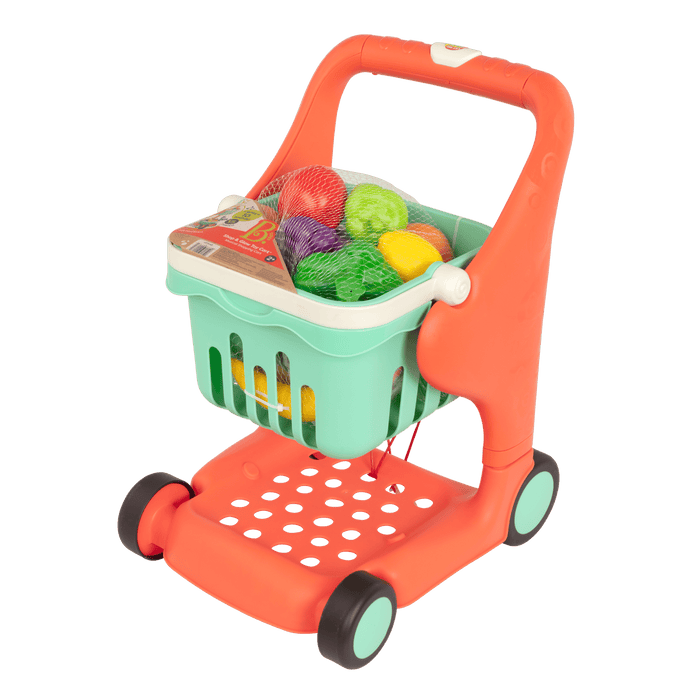 Toy shopping cart with play food.