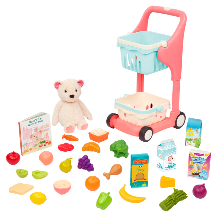 Toy shopping cart with groceries.