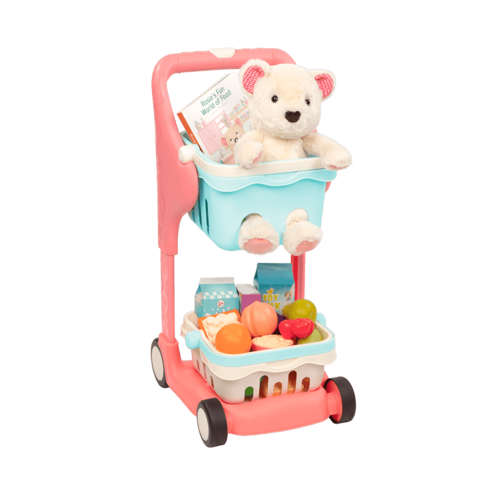 Toy shopping cart with groceries.
