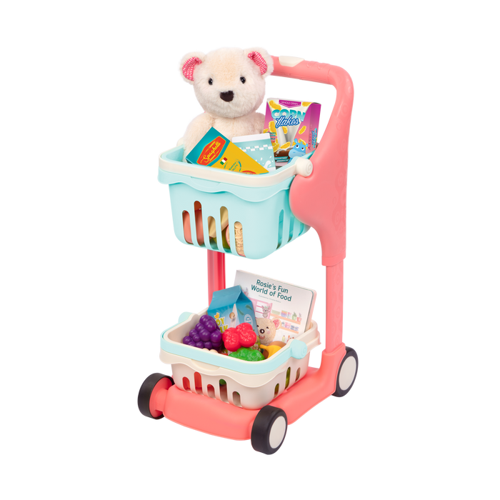 Toy shopping cart with groceries.