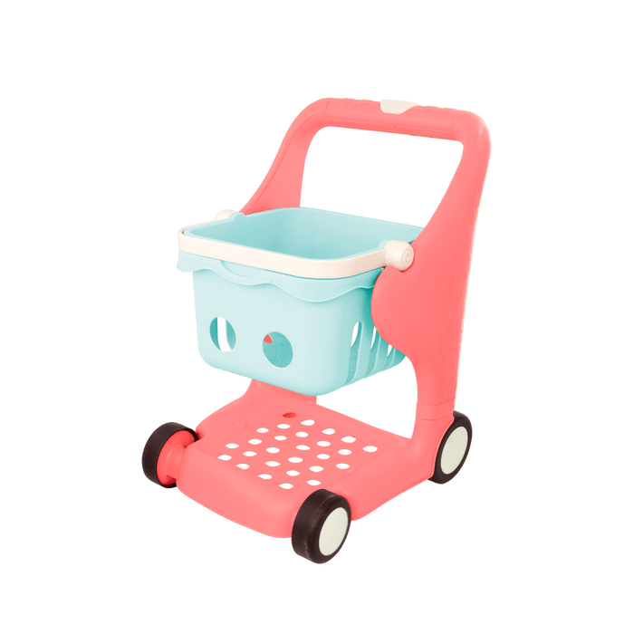 Toy shopping cart with groceries.
