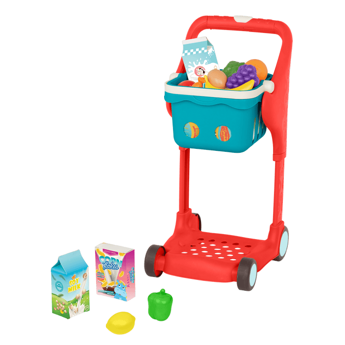 Toy shopping cart with groceries.