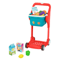 Toy shopping cart with groceries.