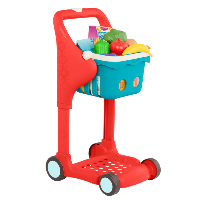 Toy shopping cart with groceries.