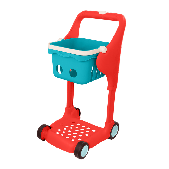 Toy shopping cart with groceries.
